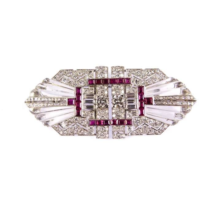 Diamond, ruby and carved rock crystal double clip brooch,
